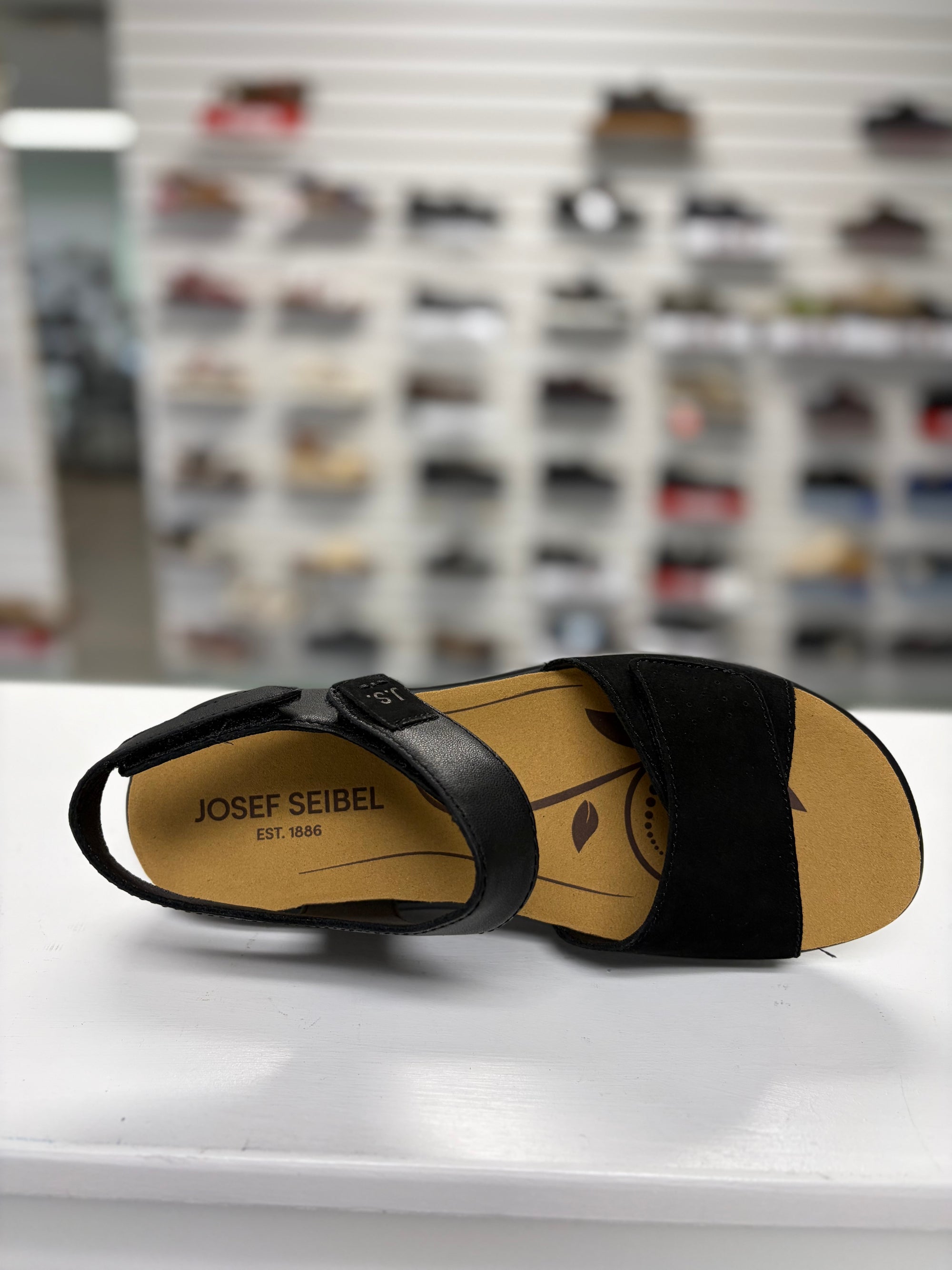 black sandal with velcro for full adjustability, orthotic friendly, cushy sole, dress up or dress down
