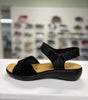 black sandal with velcro for full adjustability, orthotic friendly, cushy sole, dress up or dress down