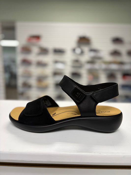 black sandal with velcro for full adjustability, orthotic friendly, cushy sole, dress up or dress down