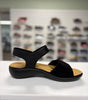 black sandal with velcro for full adjustability, orthotic friendly, cushy sole, dress up or dress down