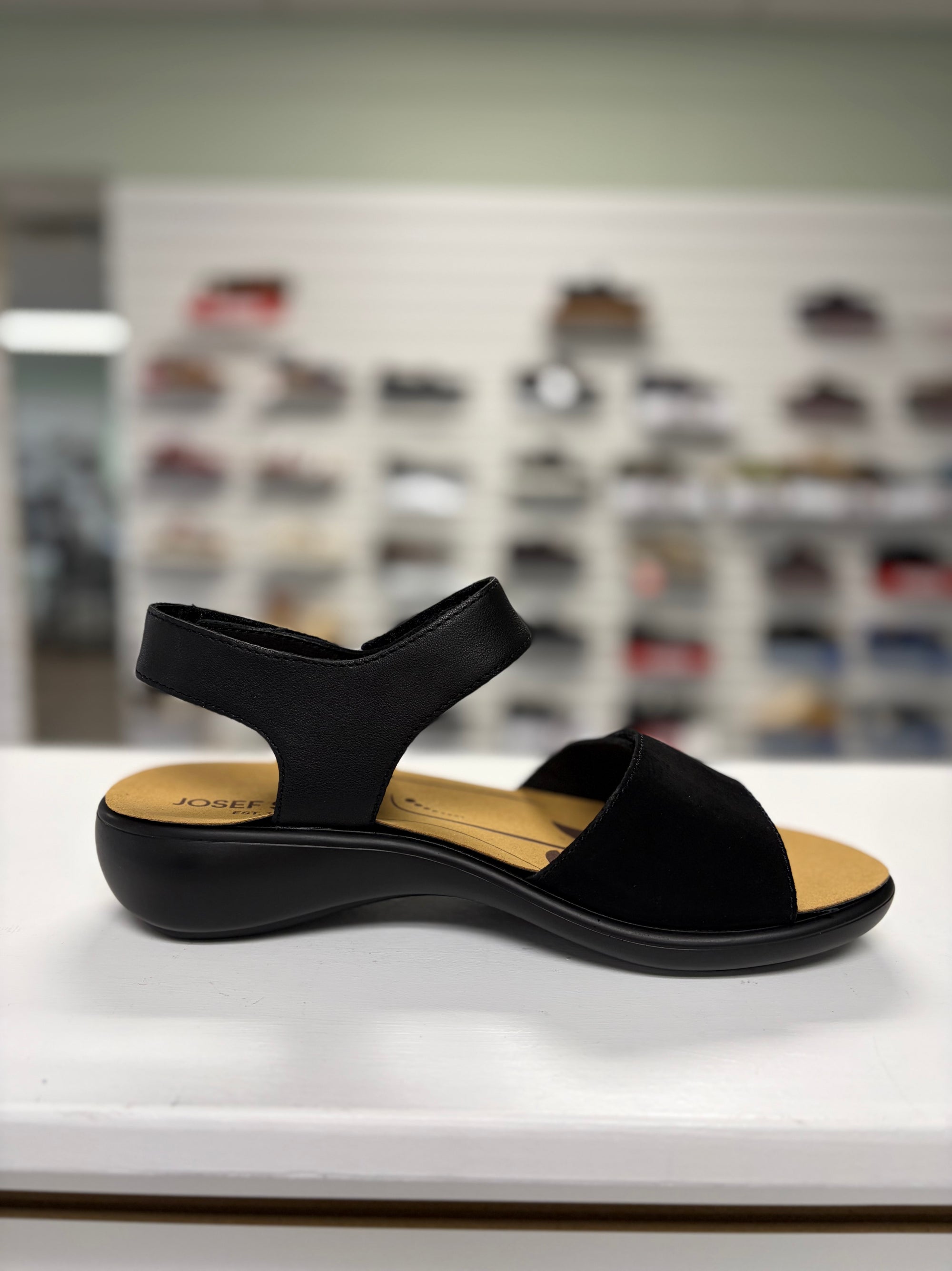 black sandal with velcro for full adjustability, orthotic friendly, cushy sole, dress up or dress down