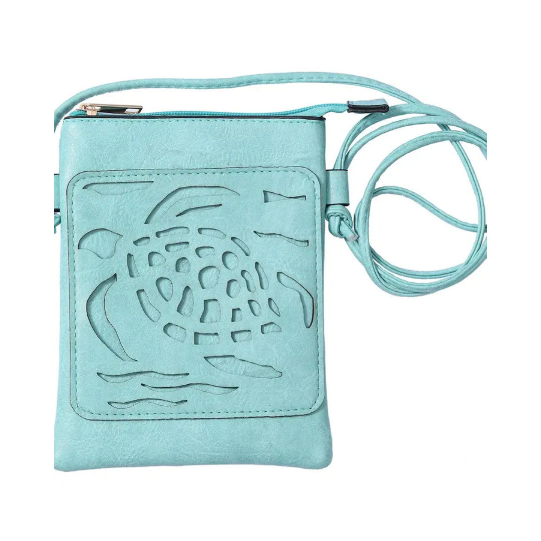 Memories Crossbody Purse / Aqua - Sea Turtle Laser Cut Cross Body Cell Phone Bag