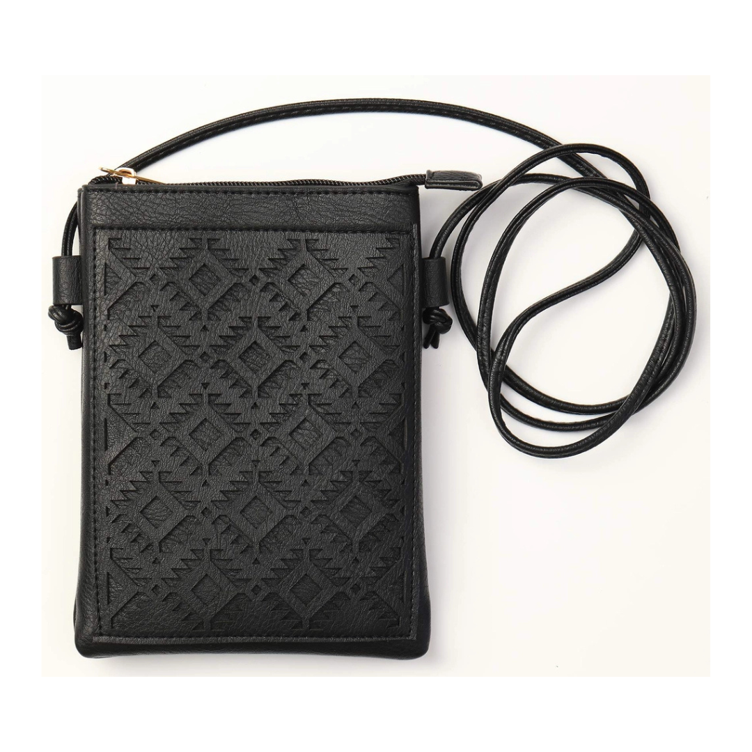 Memories Crossbody Purse / Black - Aztec Laser Cut Crossbody Cellphone Bag