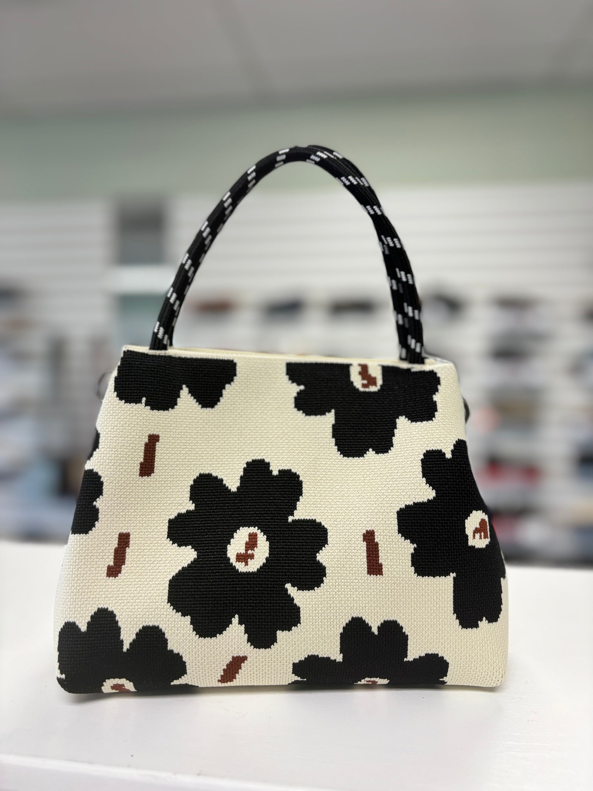 Black Daisy Purse - Fabric Top Handle Crossbody Bag