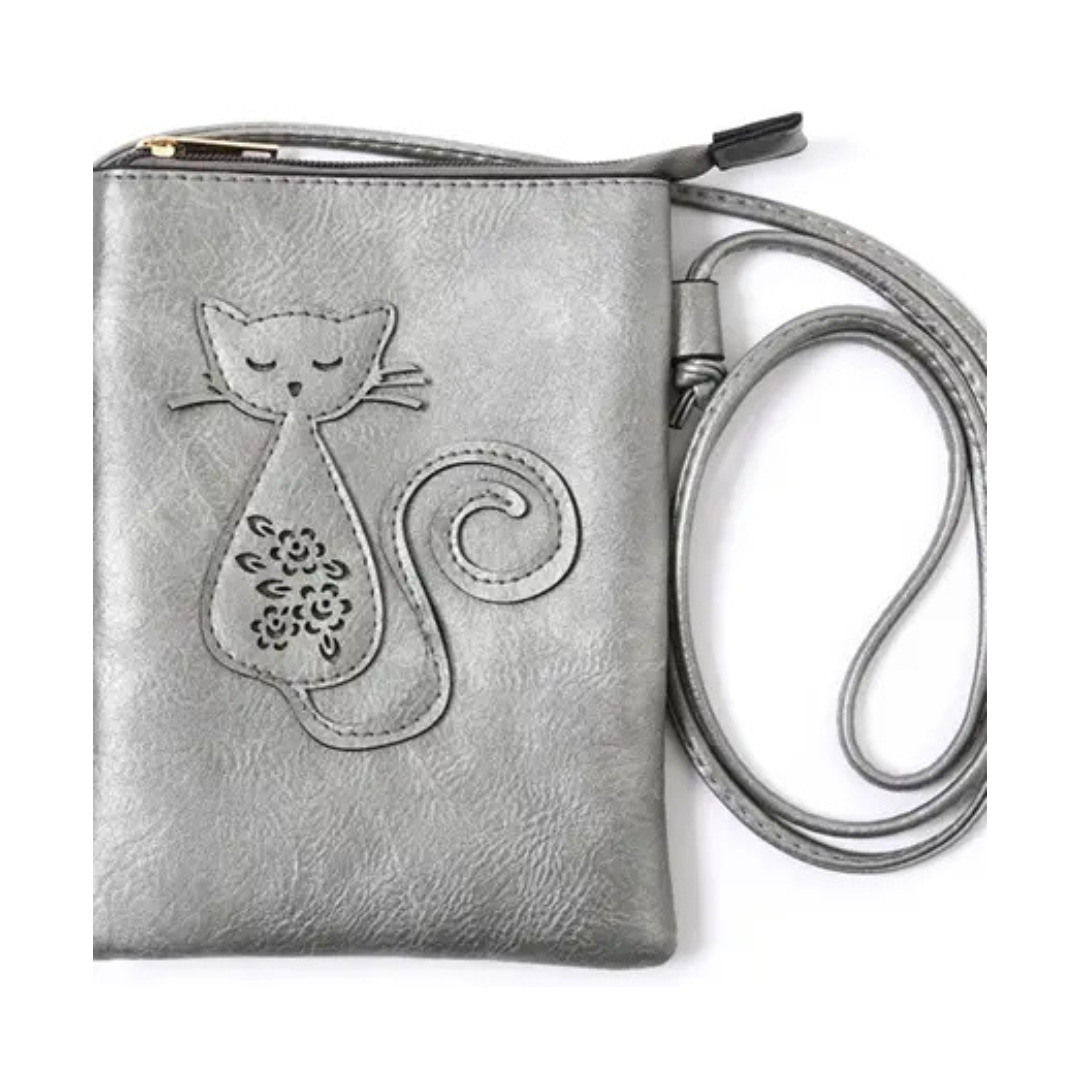 Memories Crossbody Purse / Grey - Cat Laser Cut Cross Body Cell Phone Bag