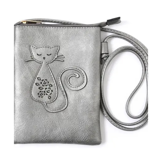 Memories Crossbody Purse / Grey - Cat Laser Cut Cross Body Cell Phone Bag
