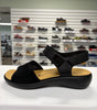 black sandal with velcro for full adjustability, orthotic friendly, cushy sole, dress up or dress down