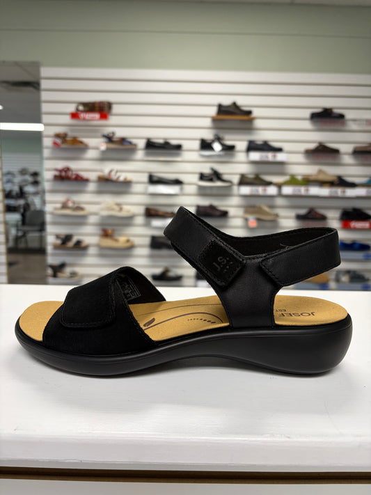 black sandal with velcro for full adjustability, orthotic friendly, cushy sole, dress up or dress down